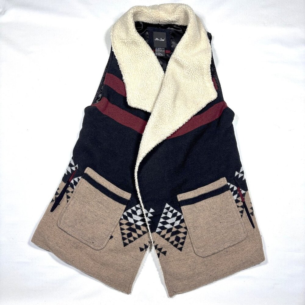 Me Jane Southwestern Sherpa Collar Wool Blend Open Front Long Vest Womens Large